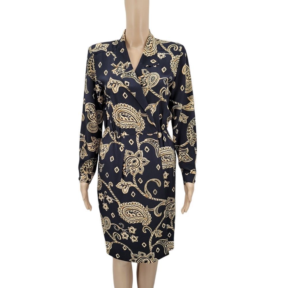 Liz Claiborne Vintage Silk Paisley Wrap Dress Long Sleeves Black Gold Paisley
